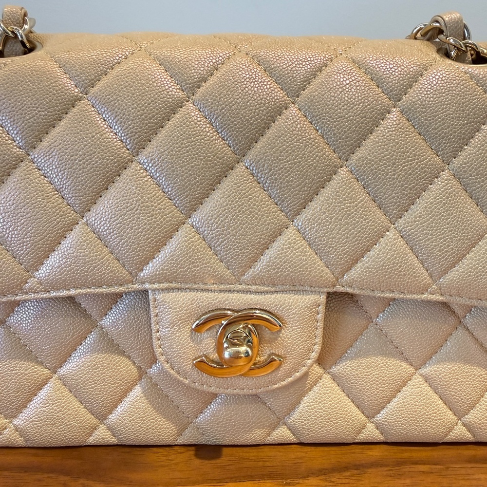 CHANEL Caviar Quilted Small Classic Double Flap in Iridescent Beige - Picture 12 of 15